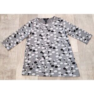 Ali Miles S Polka Dot Tunic Top Scoop Neck Gray Artsy 3/4 Sleeve Stretch Pocket